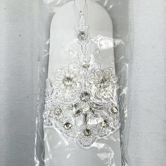 White Lace and Rhinestone Sheer Fingerless Gloves - Full Hand Coverage - Medium - Picture 2 of 3